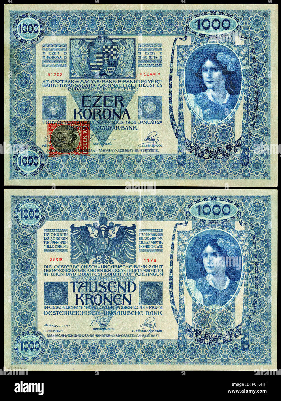 . Anglais : République de Tchécoslovaquie, 1 000 korun, 1919 question provisoire (à l'aide d'un 2 Janvier 1902 note austro-hongrois). La première émission des billets tchécoslovaques. La question du jour provisoire 1919 billets tchécoslovaques utilisé une précédente question Banque austro-hongrois. En apposant un timbre adhésif égale à 1/100 de la valeur de la note (c.-à-d, 1  = 100 haleru koruna) à l'avant gauche, c'était la validation de cours légal dans la République de la Tchécoslovaquie. À la suite de la réforme de la monnaie, la première émission des billets ont été imprimés avec une date du 15 avril 1919. . 29 janvier 2015, 14:34 Banque D'Images