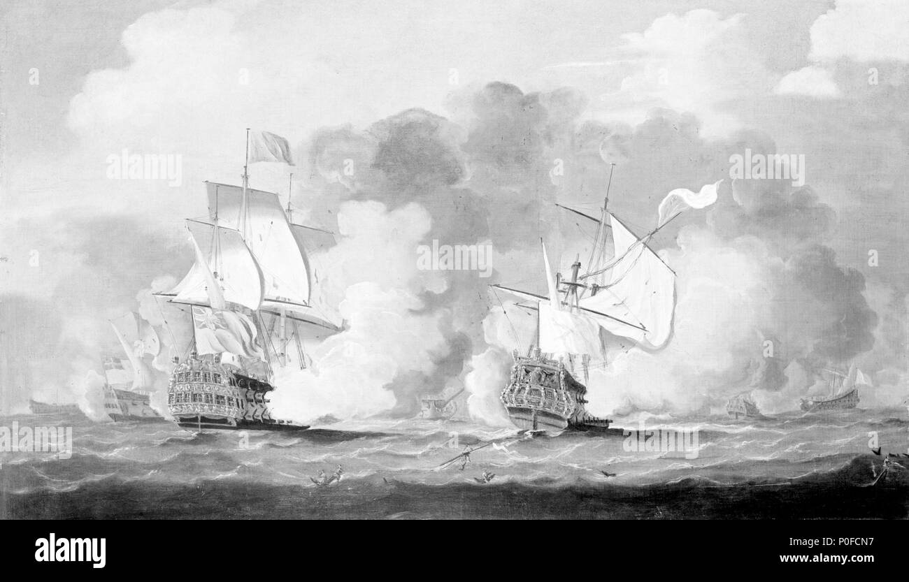 . Français : Action entre navires français et l'action de la peinture à l'huile entre l'anglais et des navires français . vers 1750. L'école britannique, 18e siècle 258 l'action entre les navires anglais et français BHC RMG1015 Banque D'Images