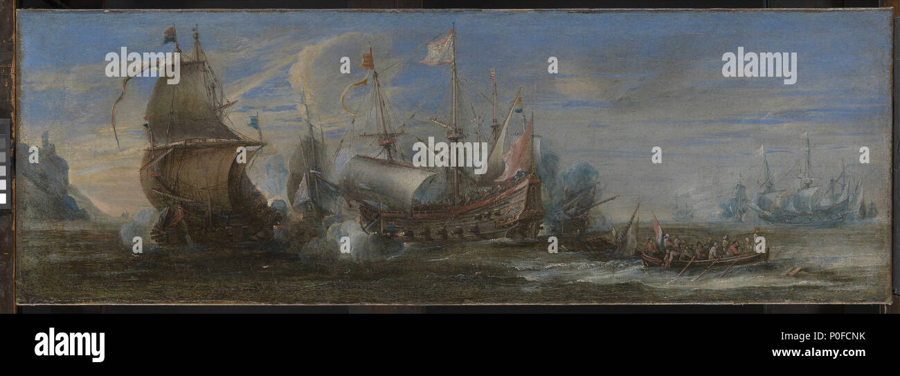 . Anglais : l'action entre l'espagnol et navires néerlandais un nombre inhabituellement long-format peinture d'une lutte entre les navires néerlandais et d'autres qui, bien que les drapeaux ne sont pas claires, semblent être Espagnols (c.-à-d. Catholique) d'après les chiffres des saints sur leur tafferels (Stern). Il peut avoir été d'une porte ou d'une position semblable. Alors que son attribution est reçu à Andries Van Eertvelt, 1590-1652, et les navires sont certainement du début au milieu du 17e siècle, le style n'est pas convaincante sa, étant plutôt moins élevé mais aussi de très bonne qualité. Le capriccio littoral avec une tour à gauche, t Banque D'Images