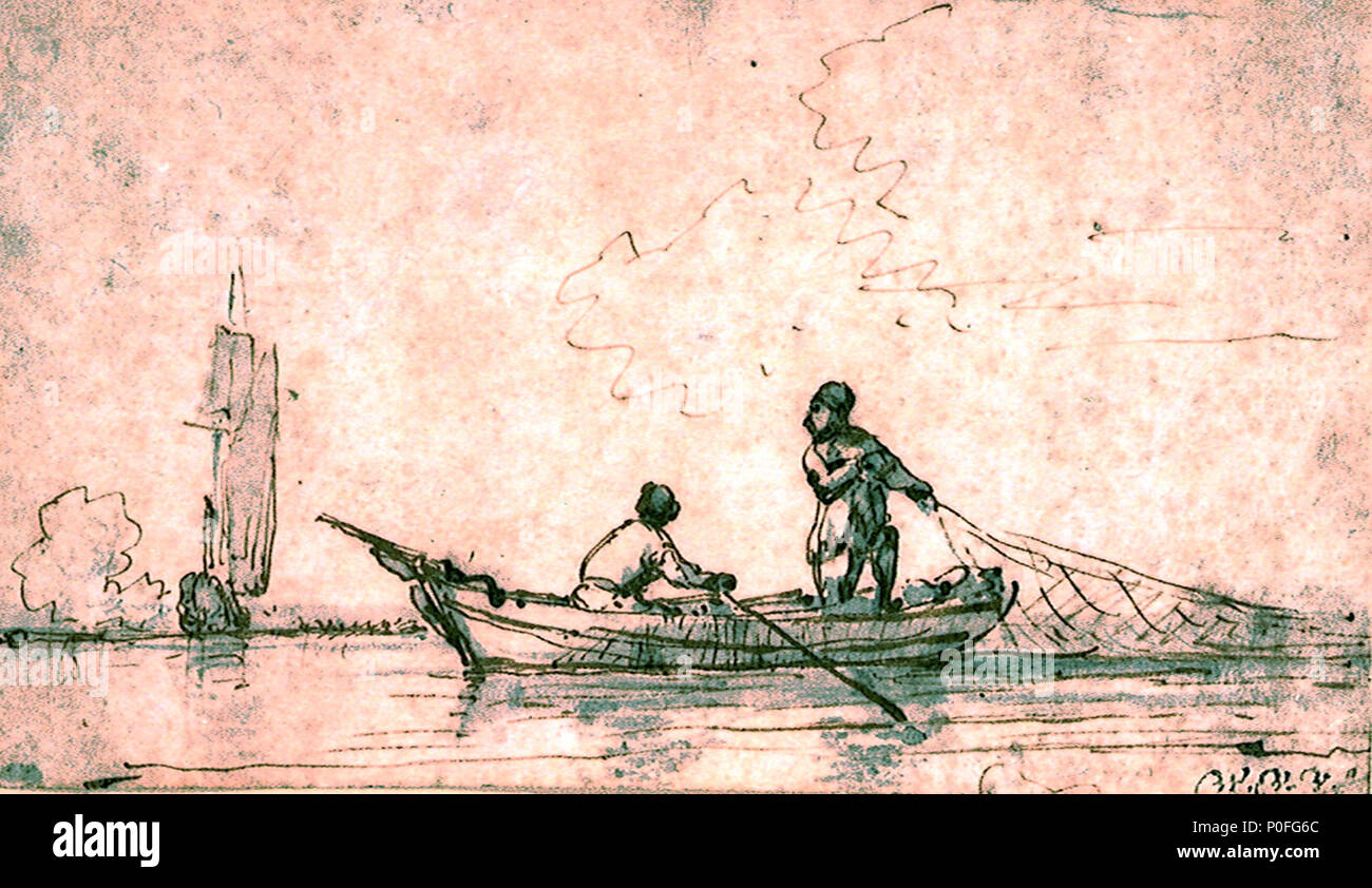 . Anglais : une vie côtière locale de pêche wherry est temporairement interrompue par les affaires de l'Etat dans ce dessin. Il dépeint un wherry, vu de l'avant bâbord, avec un homme tirant sur les rames comme une seconde figure tire un net. Les deux hommes sont tour à regarder un yacht royal dans la distance en tirant une salve. Le dessin a été signé : 'W.V.V J'. Un wherry . pêche circa 1700. Willem Van de Velde le jeune, une pêche 254 wherry RMG5364 PV Banque D'Images