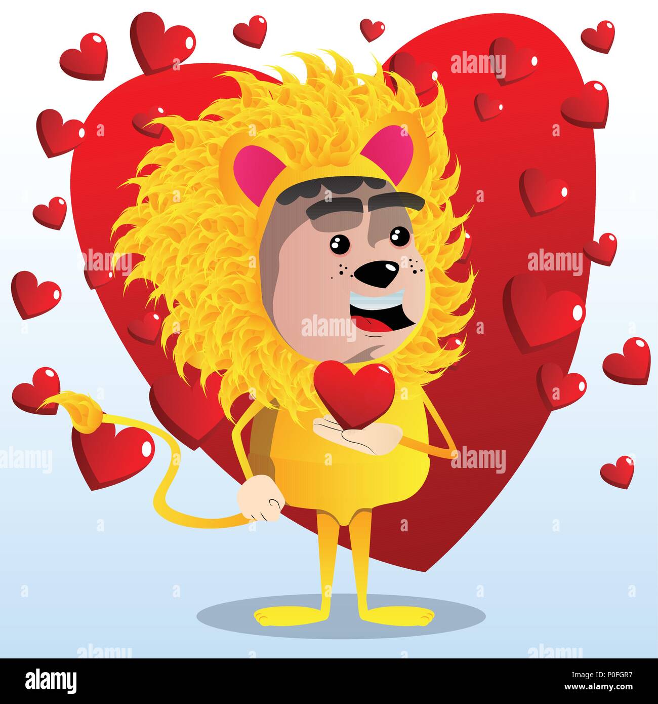 Garçon habillé en rouge coeur lion tenant dans sa main. Vector cartoon character illustration. Illustration de Vecteur