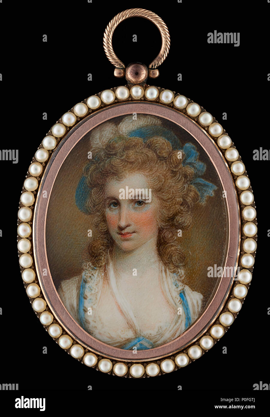 . Anglais : Miniature Portrait par Samuel Shelley (1750-1808), la pensée de dépeindre l'Angélique Schuyler Église (1756-1814), vêtue d'une robe blanche avec garniture bleue et la dentelle col, un chapeau bleu avec noeud orné d'une plume blanche, ses cheveux portés avec pendaison anglaises du 18e siècle Aquarelle sur ivoire ovale, 1 7/8in, (48mm) Provenance : Edward Grosvenor Paine par qui ils vendent, Christie's, Londres, 28 octobre 1980, lot 103 ; collection privée, France. . Vers 1800. Samuel Shelley (1750-1808) Noms alternatifs Samuel Shelly ; Shelley ; Shelly ; M. Shelly Description peintre britannique, illuminateur et pr Banque D'Images