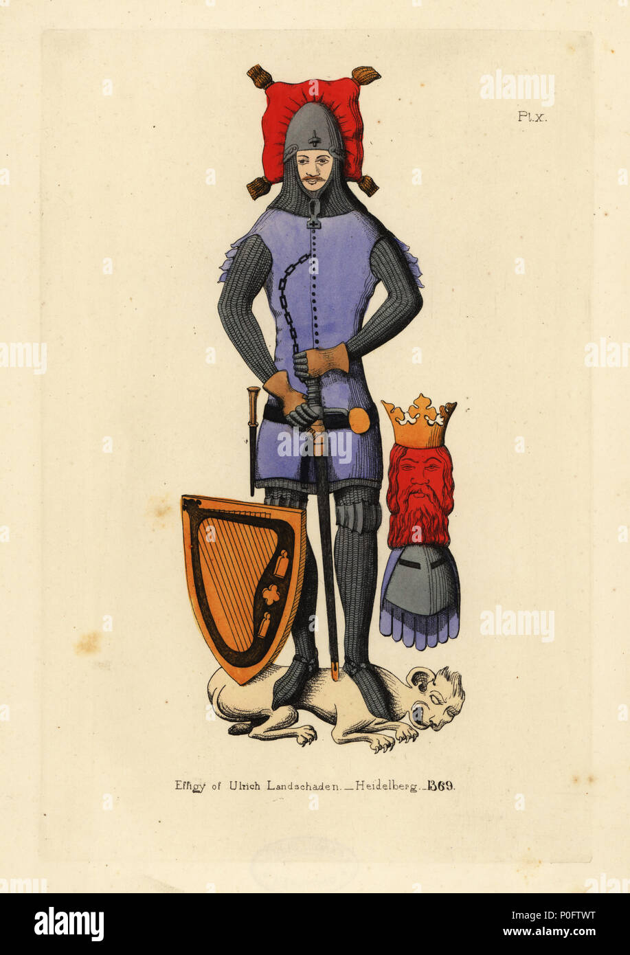 Effigie de Ulrich Landschaden, Heidelberg, 1369. Chevalier en fonction de maille avec des fleurs-hardie ou fap anis, bascinet nasale mobile, gantelets, armure du genou et à la poitrine la chaîne. Illustré avec l'épée, bouclier décoré avec harpe, grande tête avec le CREST. À partir de l'Evangelische Kirche, Neckarsteinach, Hesse, Allemagne. Coloriée à la gravure sur cuivre de Thomas Anthony jour et J.H. Dines' Illustrations de costume médiéval en Angleterre recueillies à partir de manuscrits dans le British Museum, Bibliothèque Nationale de Paris, Bosworth, Londres, 1853. Banque D'Images