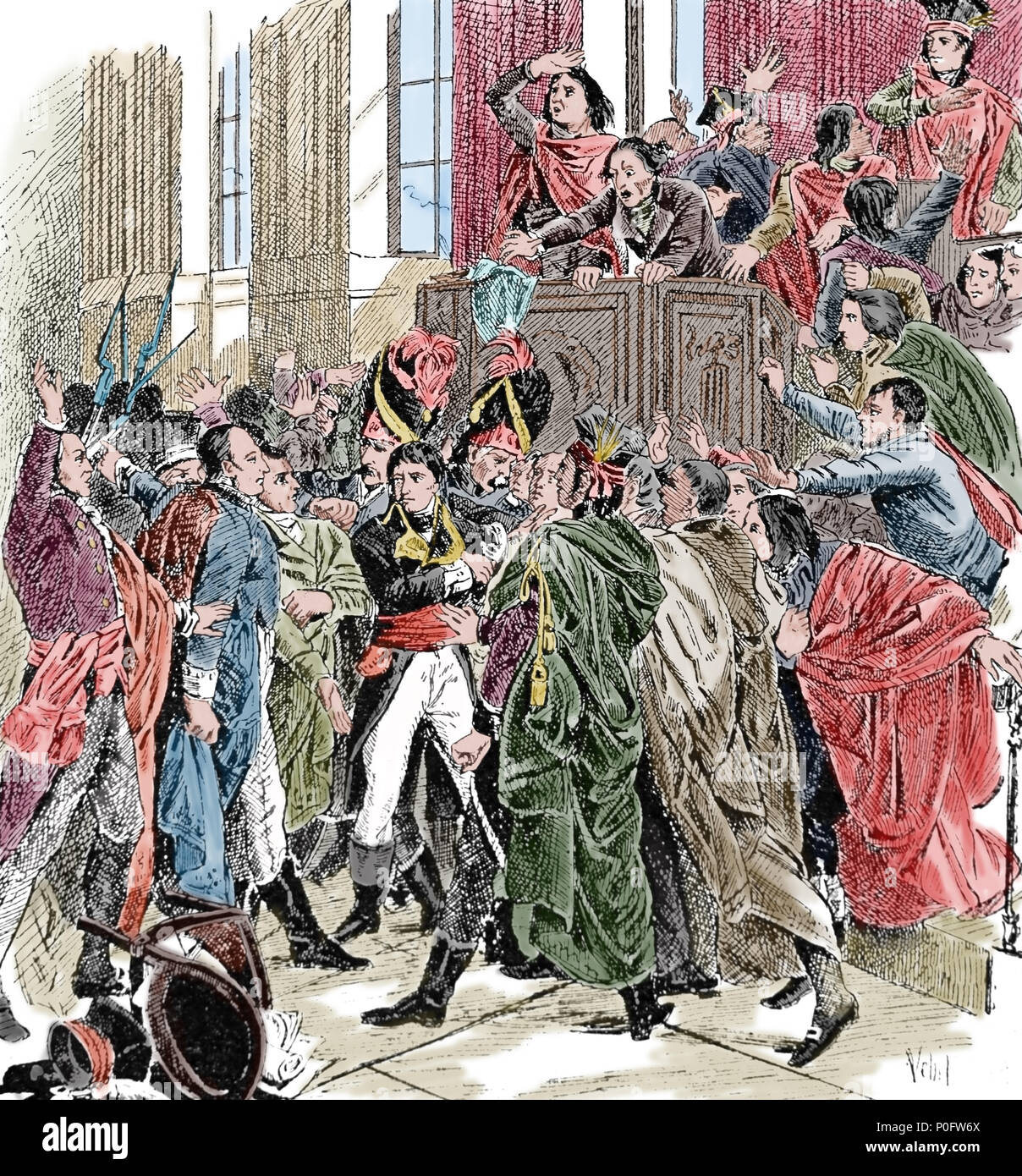 Le général Bonaparte entouré par les membres du Conseil des cinq cents, pendant le coup d'État du 18 Brumaire. Gravure, 19e 100. Banque D'Images
