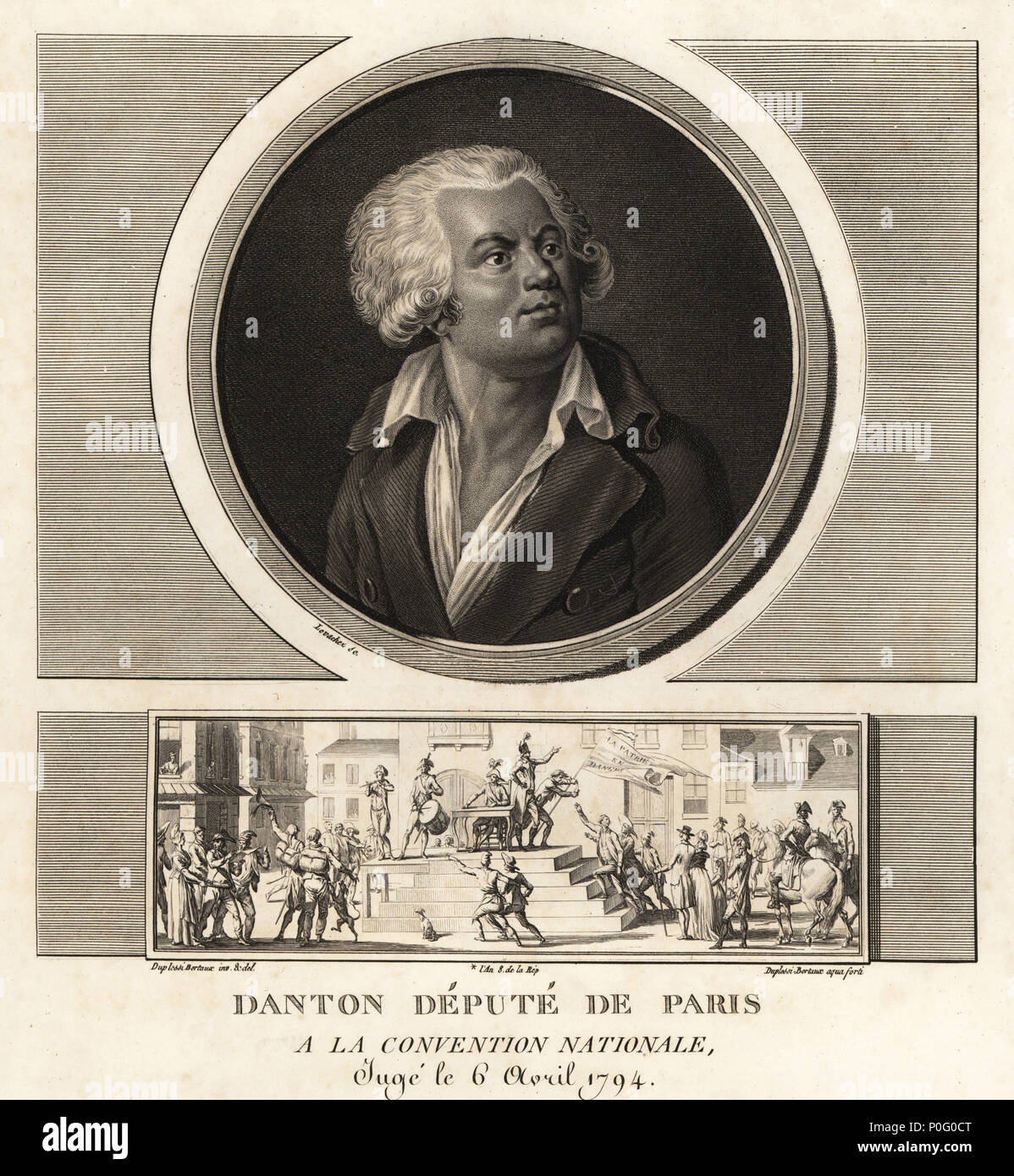 Georges Danton, adjoint de Paris à la Convention nationale, exécuté en 1794. Vignette lui montre la prestation de La Patrie en danger son discours à l'Assemblée nationale. Mezzotinte dessiné et gravé par Jean Duplessis-Bertaux complète de sa collection de 60 portraits des personnages qui ont le plus la figure dans la Revolution Francaise, Auber, paires, 1800. Portrait gravé par Charles François Gabriel Levachez. Banque D'Images