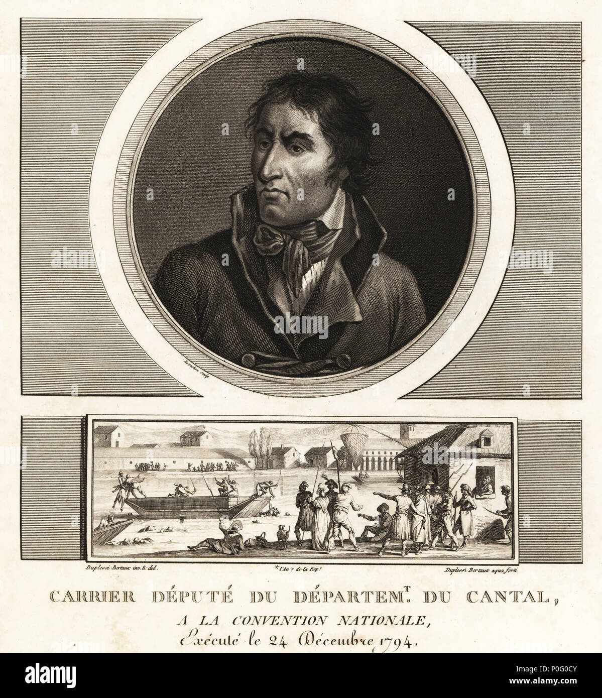 Jean-Baptiste Carrier, Administrateur du département du Cantal à la Convention nationale, guillotiné en 1794. La vignette montre les noyades de Nantes, les noyades de Nantes, 1793. Mezzotinte dessiné et gravé par Jean Duplessis-Bertaux complète de sa collection de 60 portraits des personnages qui ont le plus la figure dans la Revolution Francaise, Auber, paires, 1800. Portrait gravé par Charles François Gabriel Levachez. Banque D'Images