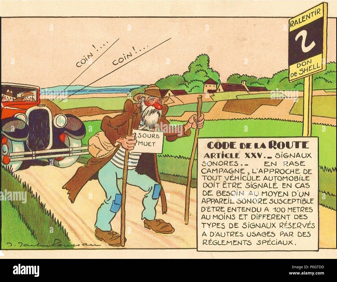 English : Dessin humoristique extrait d'un album publicitaire sur le code  de la route en France vers 1930 et édité par la compagnie Shell, imprimerie  Max Cremnitz à Paris. . Français :