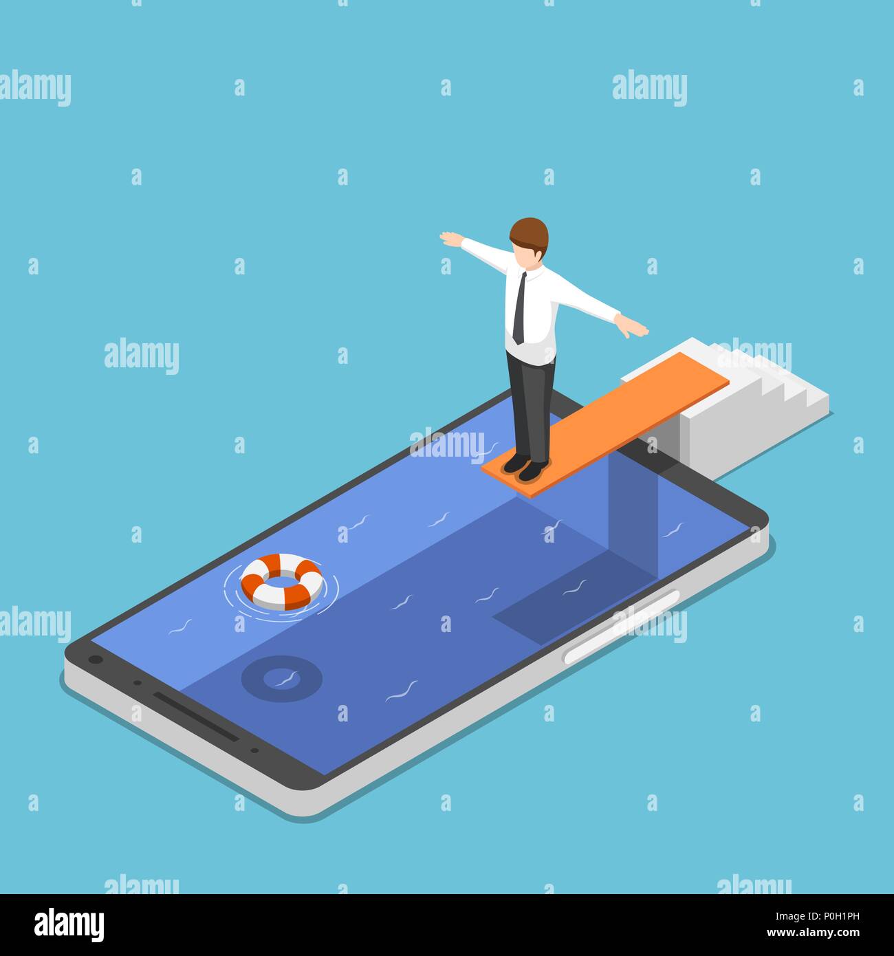 Télévision 3D isométrique businessman on tremplin prêt à sauter dans la piscine du smartphone. La dépendance du smartphone concept. Illustration de Vecteur