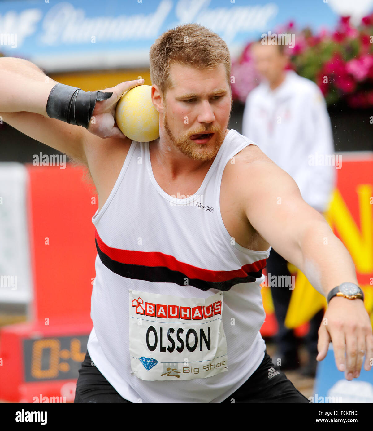 Stockholm, Suède - le 29 juillet 2015 : Mats Olsson participe au concours, BAUHAUS Stockholm Athlétisme Big Shot, tenue à Kungstradgarden pub Banque D'Images