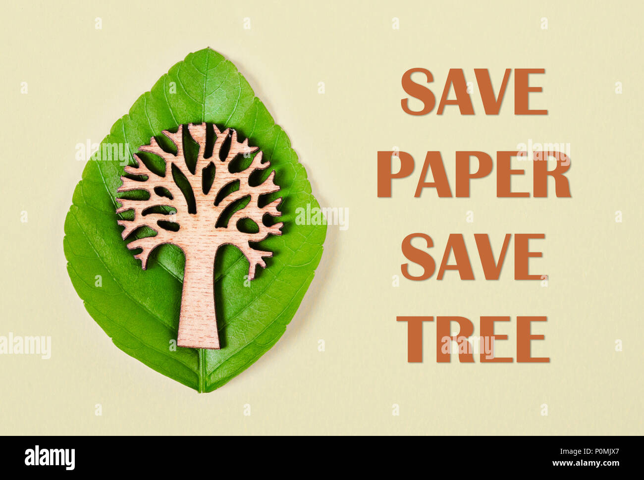 Save paper save tree texte présentant de l'arbre et feuille verte. Économiser de l'environnement concept. Banque D'Images