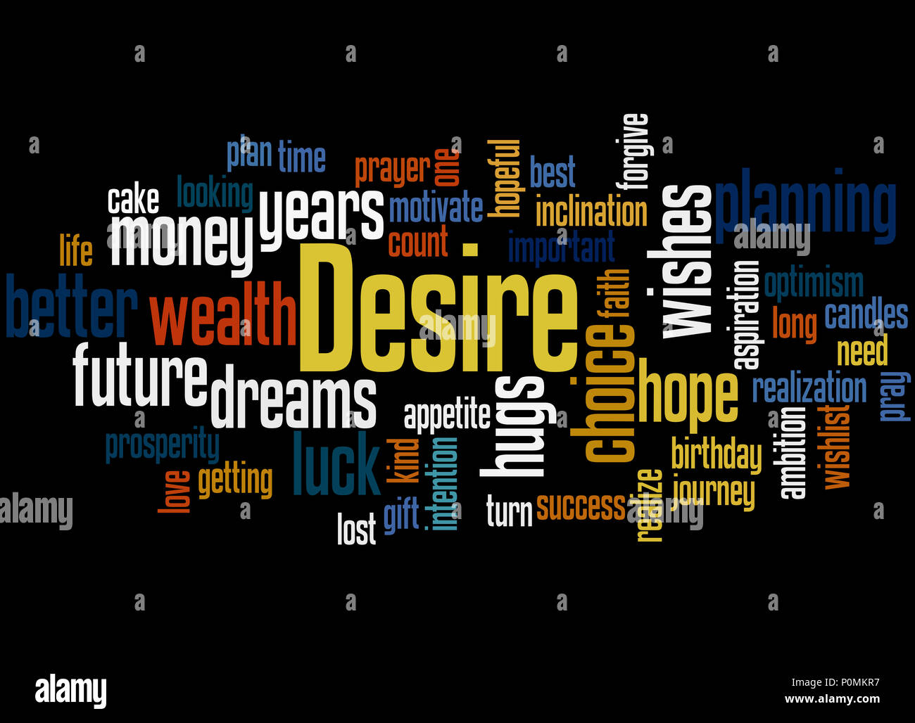 Désir mot concept cloud sur fond noir. Banque D'Images