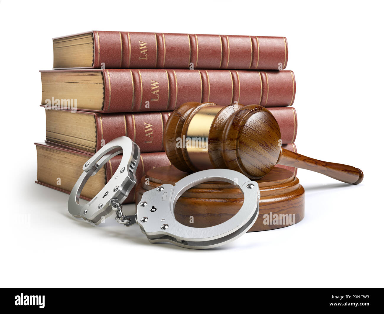 Marteau et juge avec menottes livre juridique isolé sur fond blanc. Concept du droit et de la justice. 3d illustration Banque D'Images