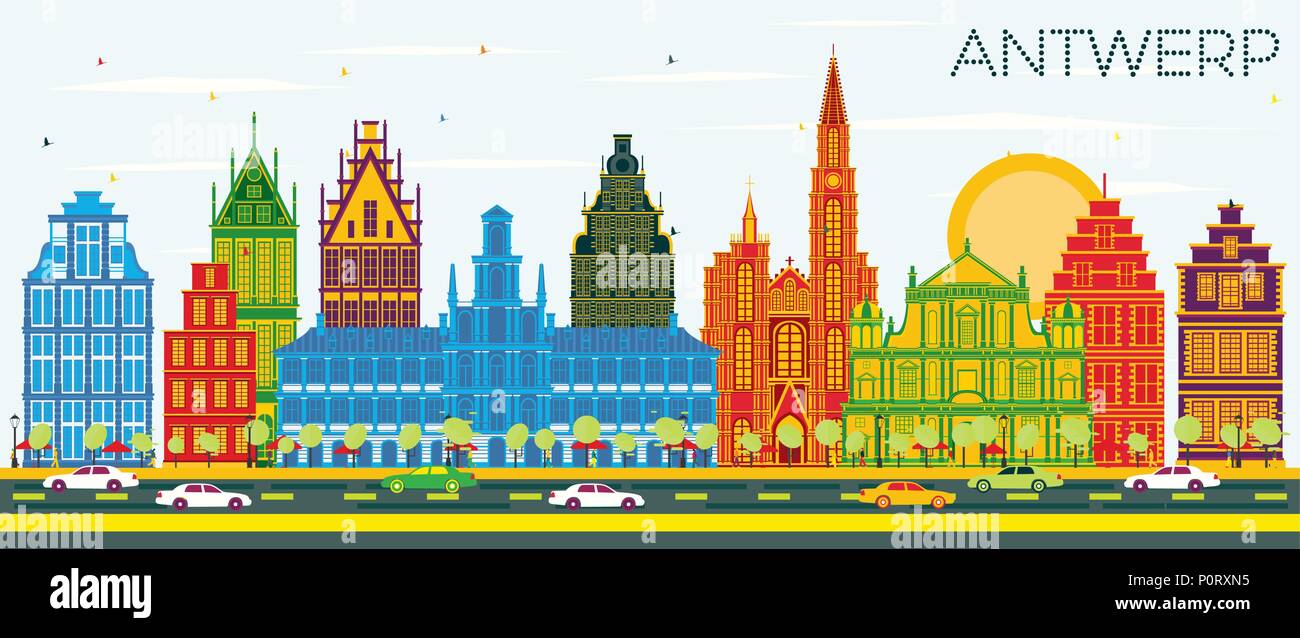 Anvers Belgique Ville avec des bâtiments de couleur et de ciel bleu. Vector Illustration. Les voyages d'affaires et tourisme Concept avec l'architecture historique. Illustration de Vecteur