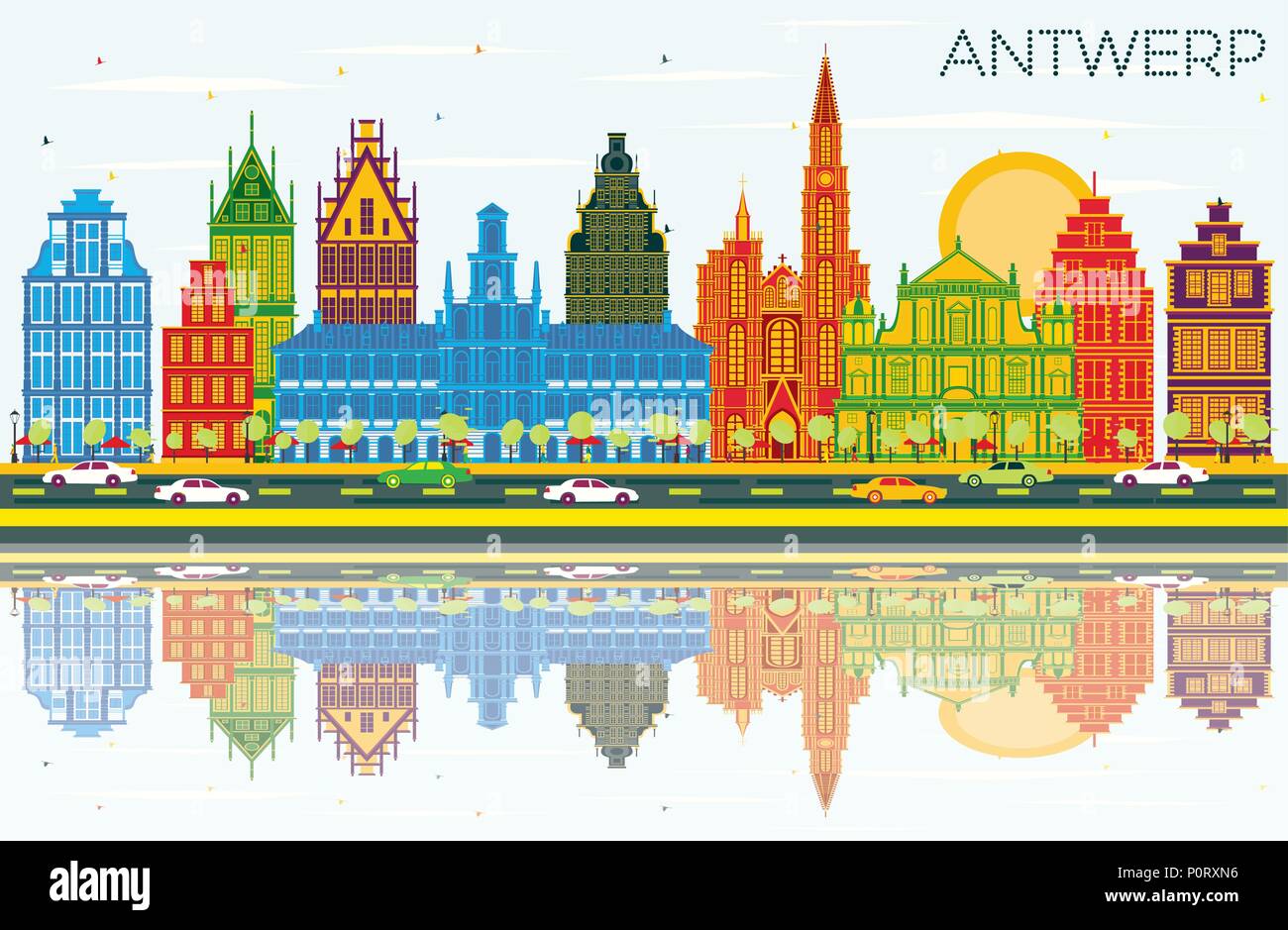 Anvers Belgique Ville avec des bâtiments, de couleur bleu ciel et les réflexions. Vector Illustration. Illustration de Vecteur