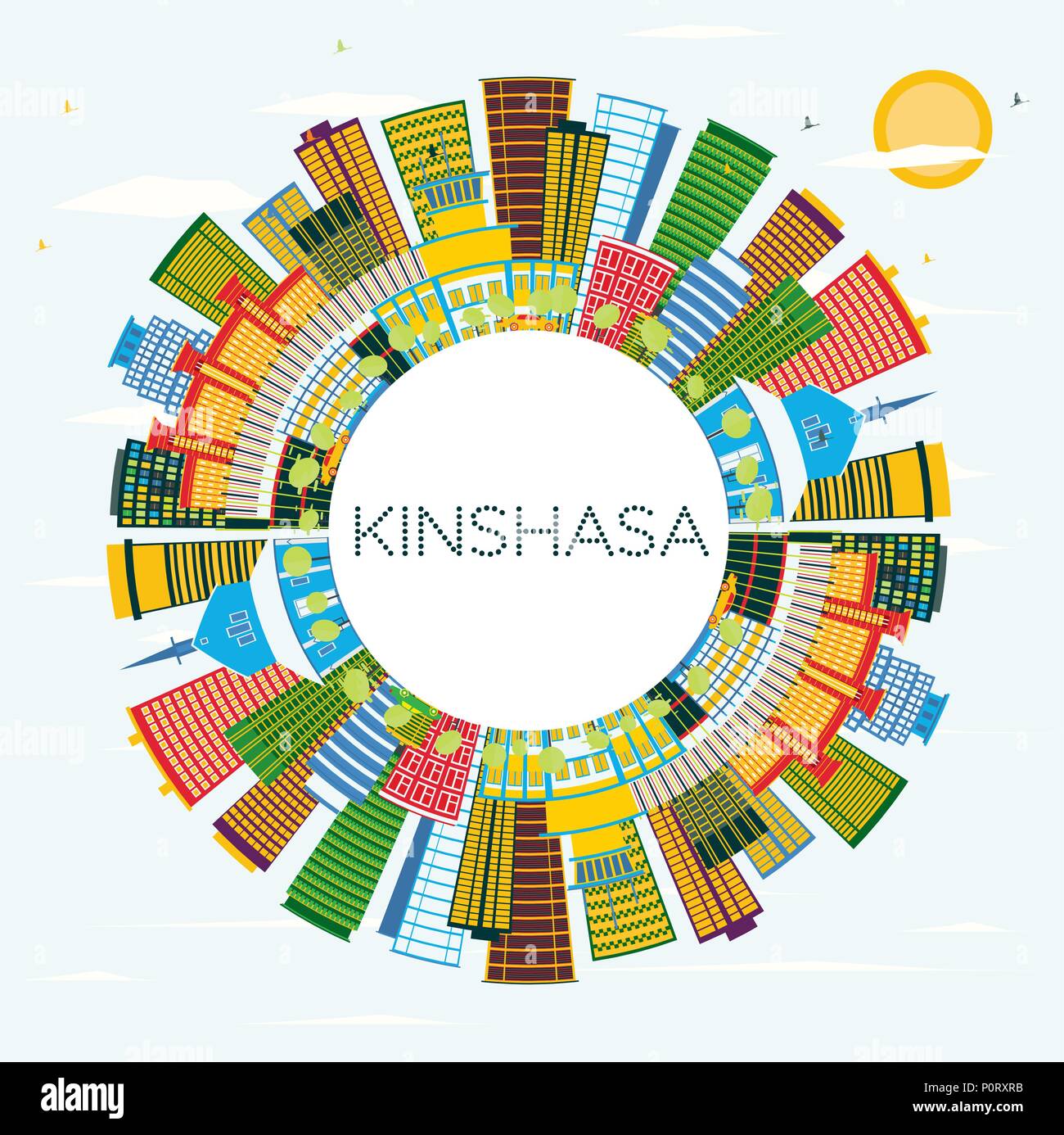 Toits de Kinshasa avec les bâtiments, couleur bleu ciel et l'espace de copie. Vector Illustration. Illustration de Vecteur