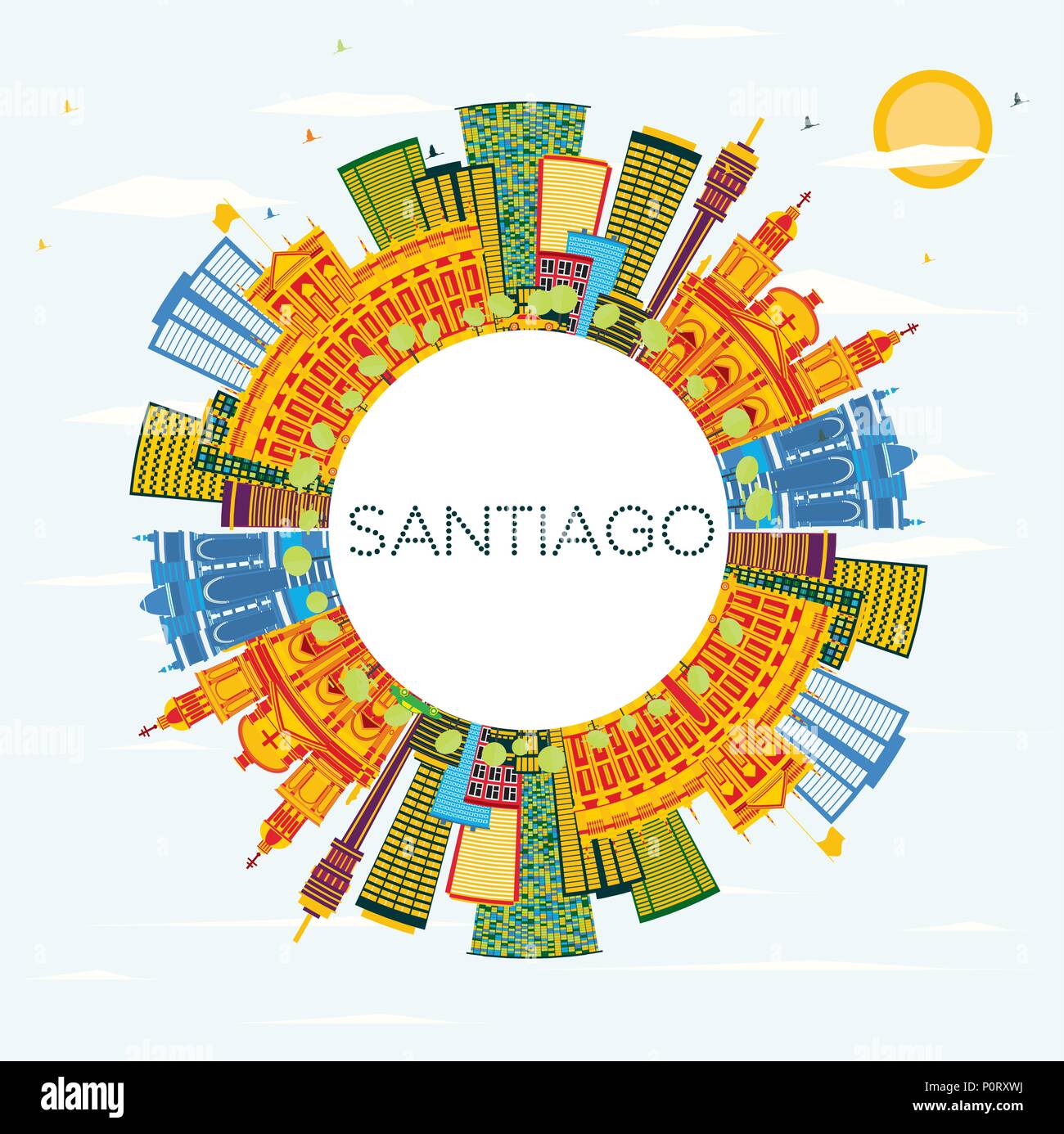 Santiago Chili avec toits de bâtiments, de couleur bleu ciel et l'espace de copie. Vector Illustration. Les voyages d'affaires et tourisme Concept avec des bâtiments modernes. Illustration de Vecteur