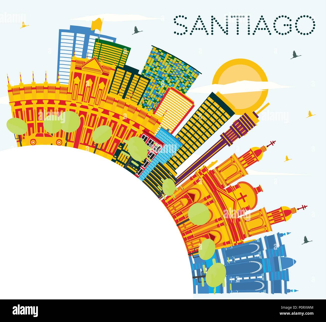 Santiago Chili avec toits de bâtiments, de couleur bleu ciel et l'espace de copie. Vector Illustration. Les voyages d'affaires et tourisme Concept avec des bâtiments modernes. Illustration de Vecteur
