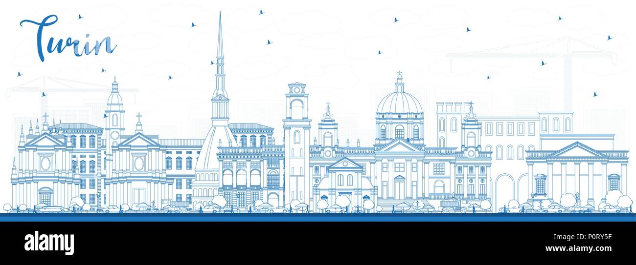 Contours Turin Italie Ville Skyline bleu avec les bâtiments. Vector Illustration. Les voyages d'affaires et tourisme Concept avec l'architecture moderne. Illustration de Vecteur