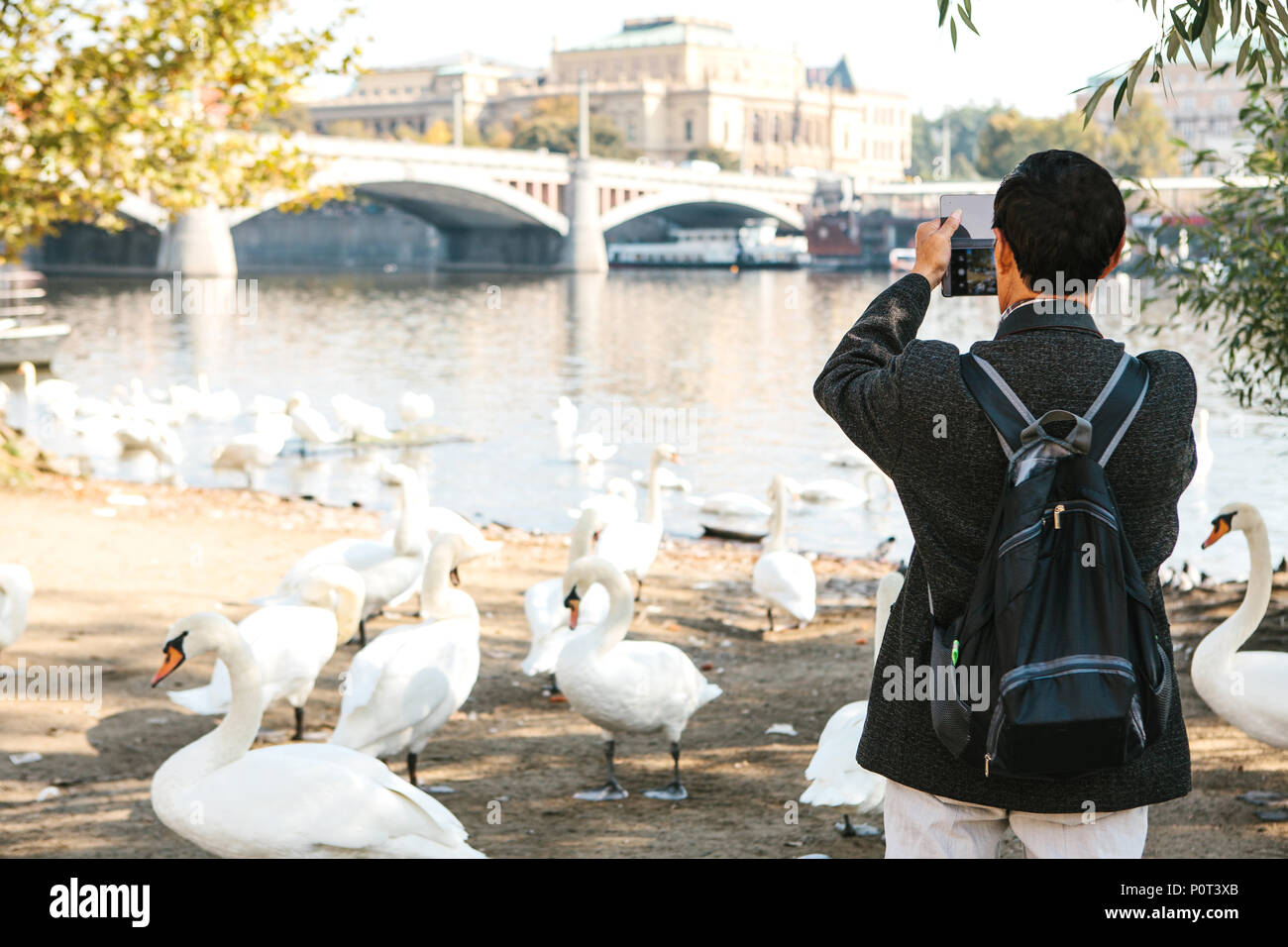 Un touriste avec un sac à dos de photographier la belle architecture médiévale de Prague et la rivière Vltava en République tchèque. Cygnes blancs sont à proximité à pied Banque D'Images
