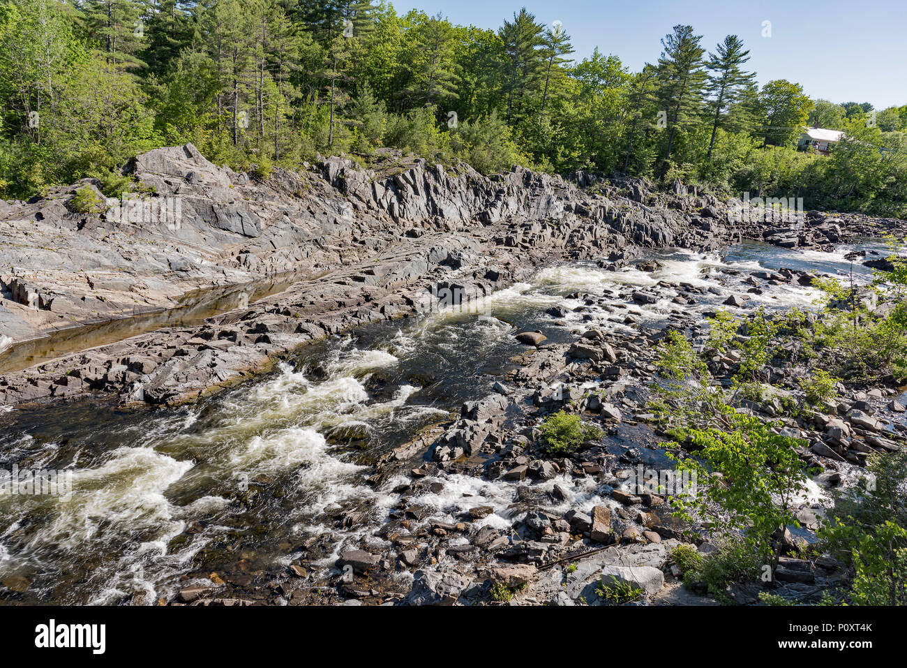 Vue sur la rivière Carrabassett depuis un pont dans la région de North Anson, Maine, USA. Banque D'Images
