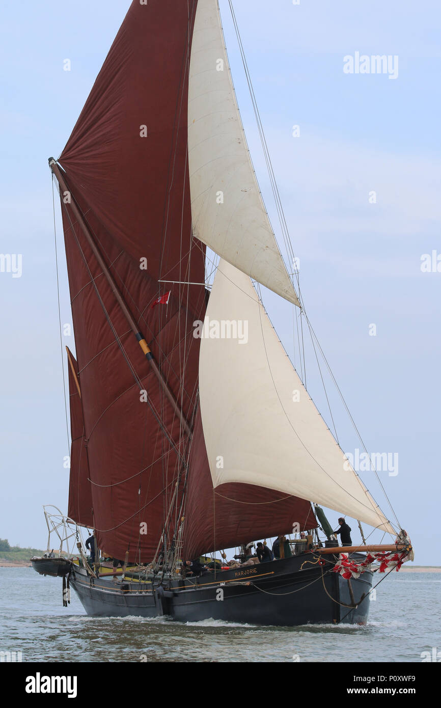 Rivière Medway, Kent, Royaume-Uni. 9 juin, 2018. SB Marjorie illustré à la voile. Sept barges à voile ont pris part à la 110e Match Barge à Medway. Jusqu'à ce qu'ils ont été remplacés par des méthodes d'expédition et de fret, voile péniches naviguaient dans leurs échanges sur l'eau du Royaume-Uni. Rob Powell/Alamy Live News Banque D'Images