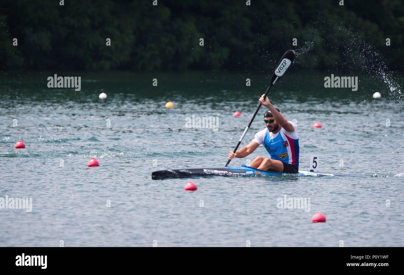 10 juin 2018 Ada Ciganlija, régates, Belgrade, Serbie ; ECA Canoe Sprint et Paracanoe Championnats d'Europe seniors ; Josef Dostal de CZE rivalise en kayak monoplace (K1), un Final, 500m sprint race : Action Crédit Plus Sport Images/Alamy Live News Banque D'Images