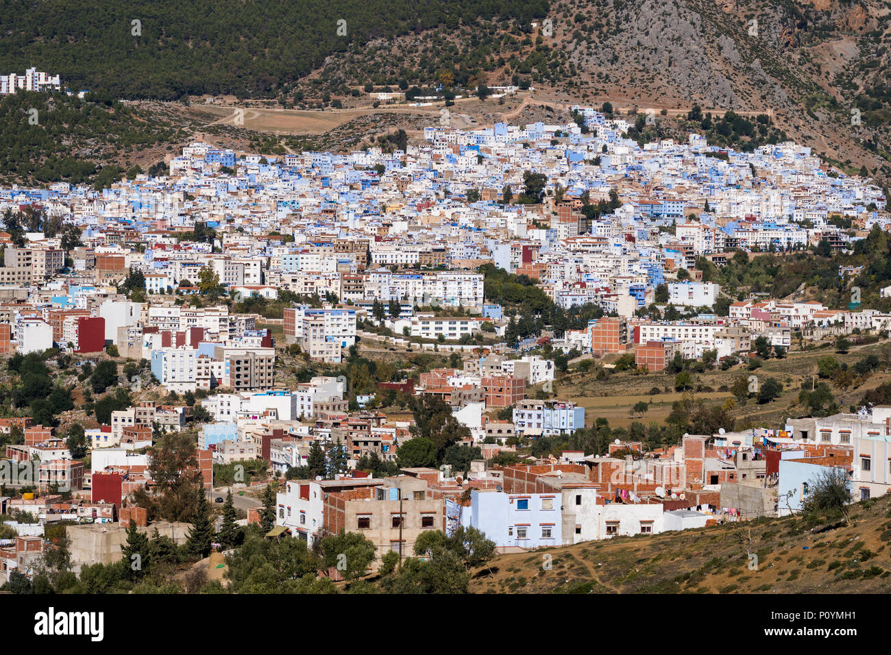 Vue aérienne de Chefchaouen, la ville bleue, au Maroc Banque D'Images