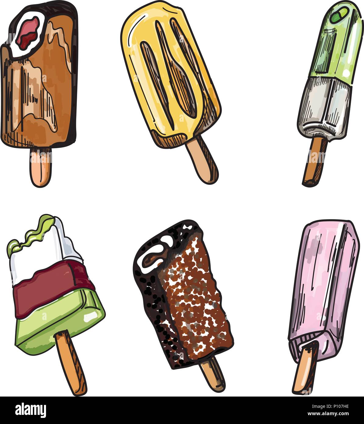 Vector set de popsicle colorés des glaces avec saveur différente isolé. Illustration de Vecteur