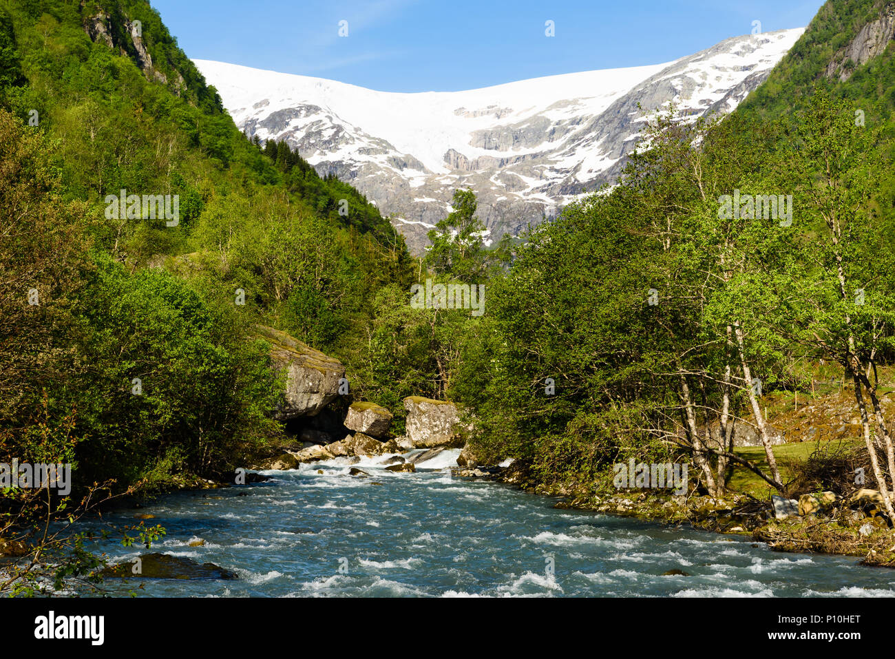 Paysage de la vallée avec une rivière et une fonte des glaciers glacier lointain. Emplacement le long de la rivière par le Buarbreen Jordalselvi glacier. Banque D'Images