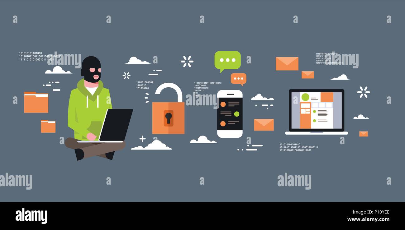 Masque Noir homme assis à l'activité d'un pirate informatique Virus Concept attaque la confidentialité des données de sécurité de l'information Internet Télévision Illustration de Vecteur