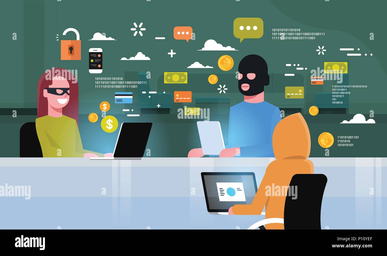 Groupe criminel masque noir assis à l'activité d'un pirate informatique Virus Concept attaque la confidentialité des données de sécurité de l'information Internet Télévision Vector illustration Illustration de Vecteur