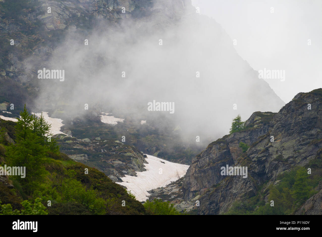 Jour brumeux en montagne avec vue sur la montagne suggestif Banque D'Images