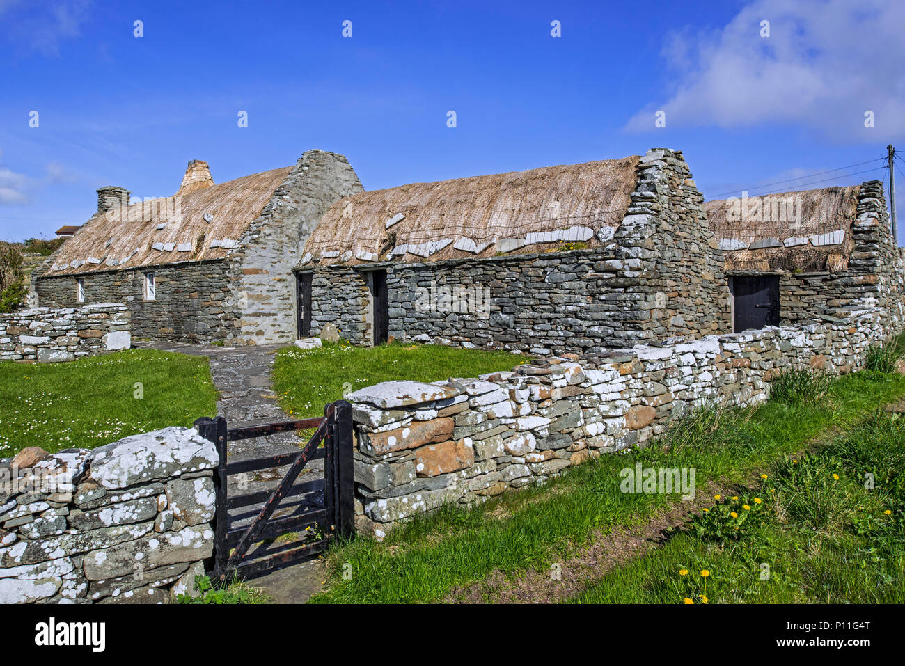 Croft House Museum / Musée Crofthouse, paille-thatched cottage restauré à Boddam, Dunrossness, Shetland, Scotland, UK Banque D'Images