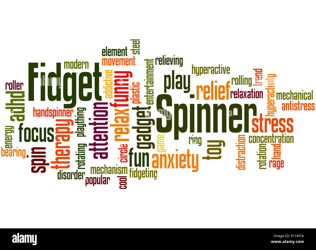 Fidget spinner, mot concept cloud sur fond blanc. Banque D'Images