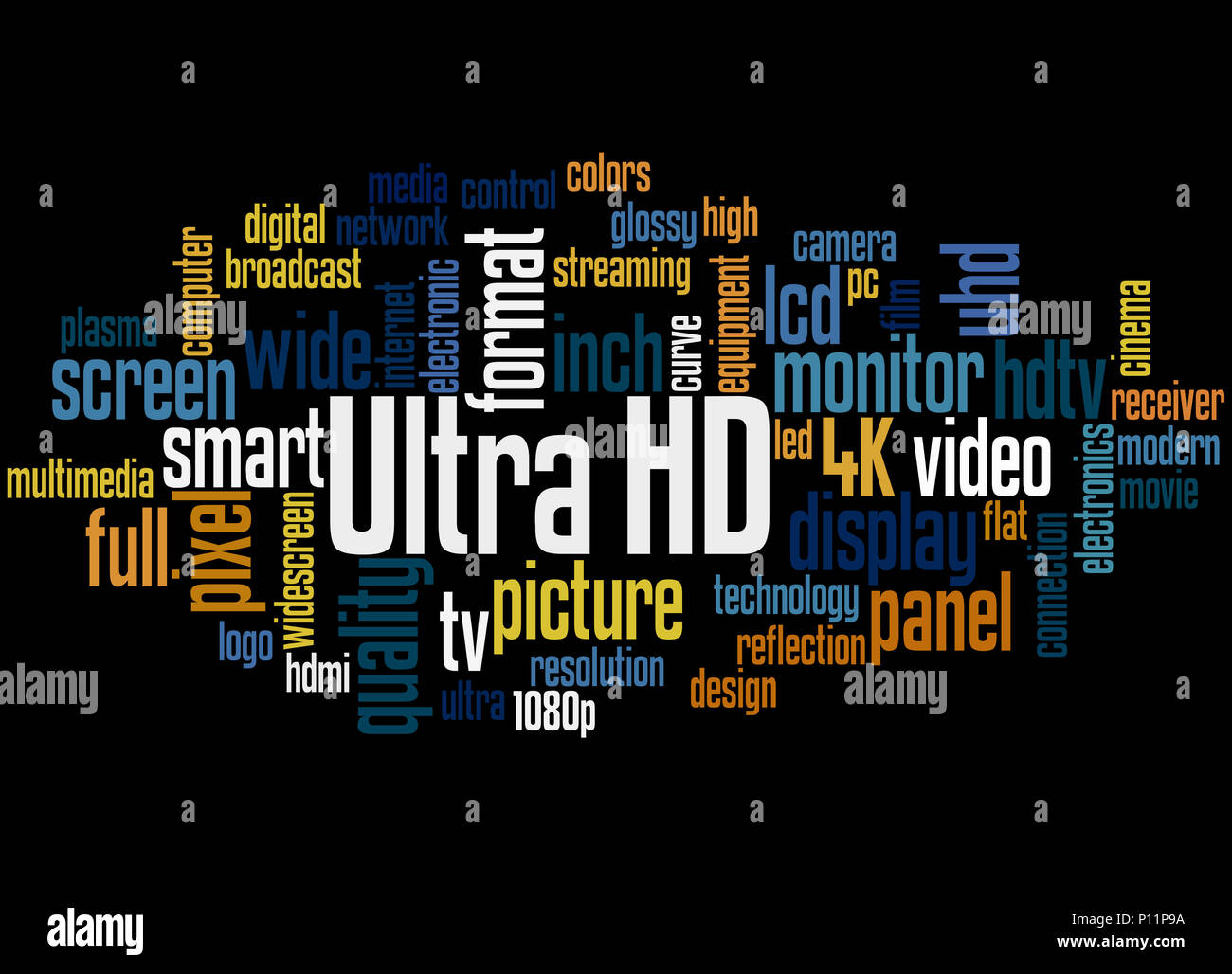 Ultra HD, mot concept cloud sur fond noir. Banque D'Images