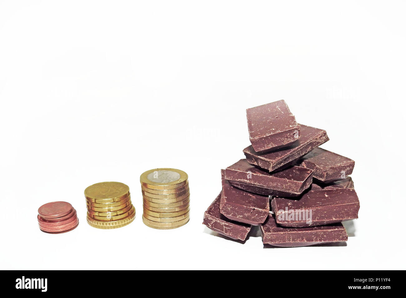 L'Abstraction sur une hausse du prix du chocolat. Isolé sur fond blanc. Banque D'Images