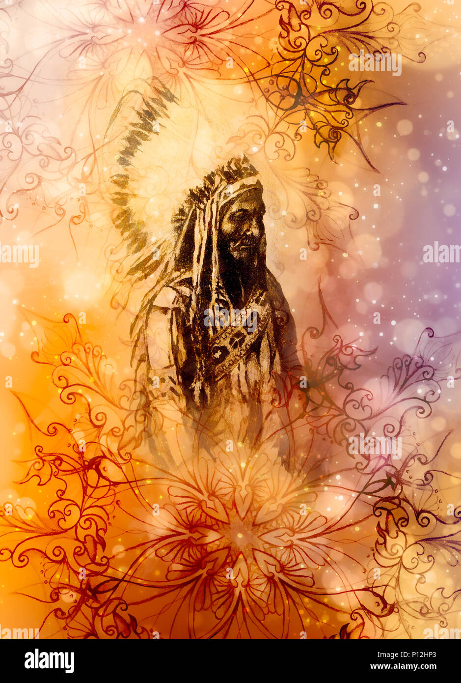 Dessin de Native American Indian foreman Sitting Bull - Totanka Yotanka historique d'après la photographie, collage graphique Banque D'Images