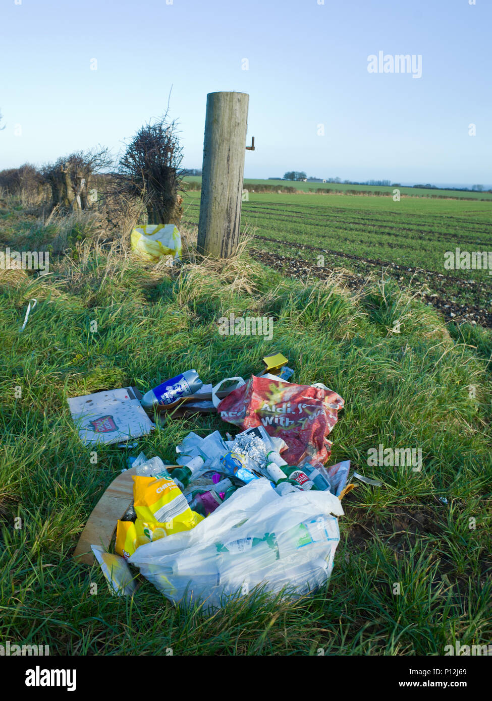 Volez fouetter des déchets de déchets jetés sur le côté de la route, au bord de l'herbe, au Royaume-Uni Banque D'Images