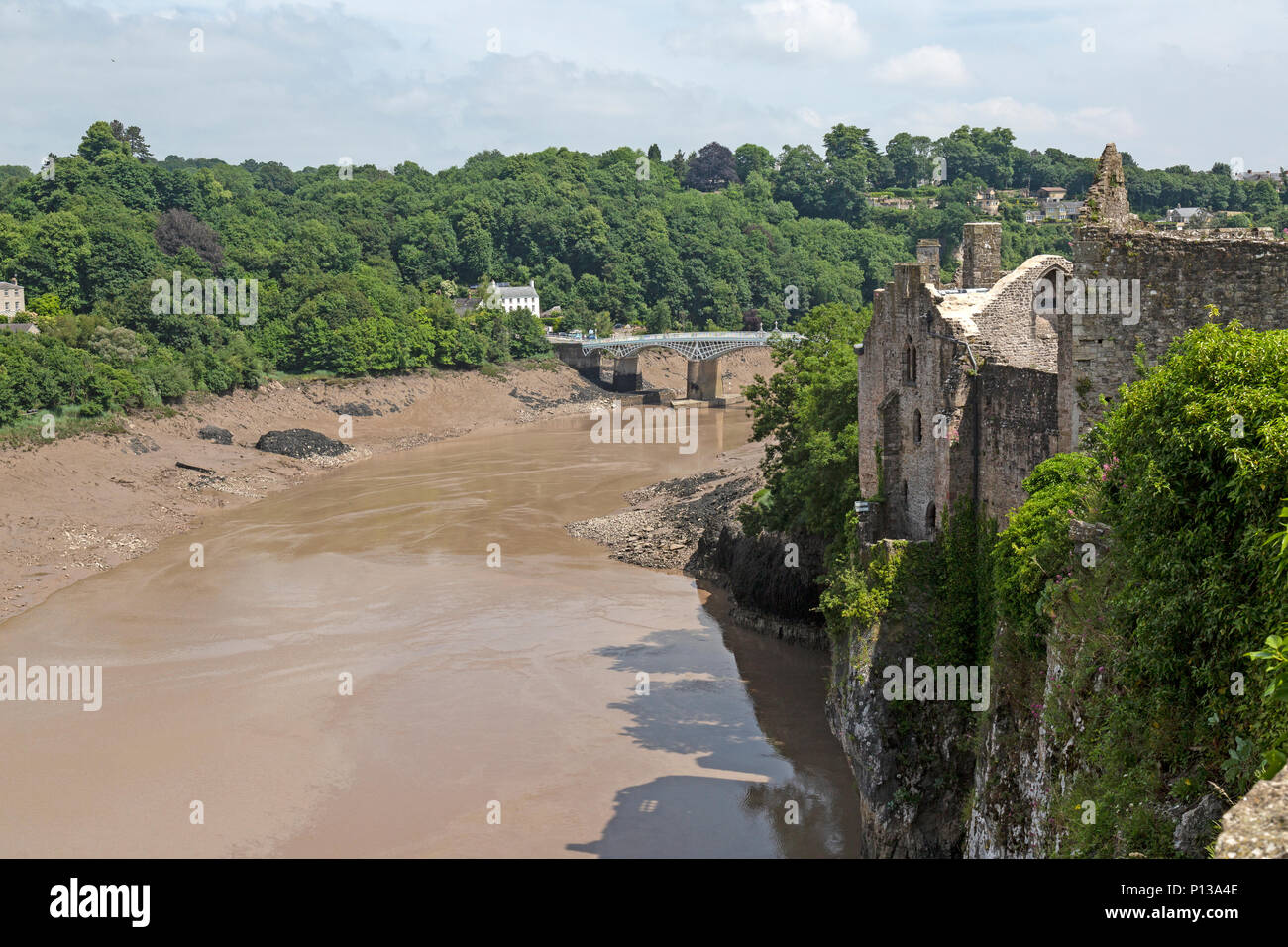 Vue depuis les murs du château de Chepstow au Pays de Galles, à la recherche sur la rivière Wye, avec l'ancien pont de la ville de Wye, ou pont, au loin. Banque D'Images