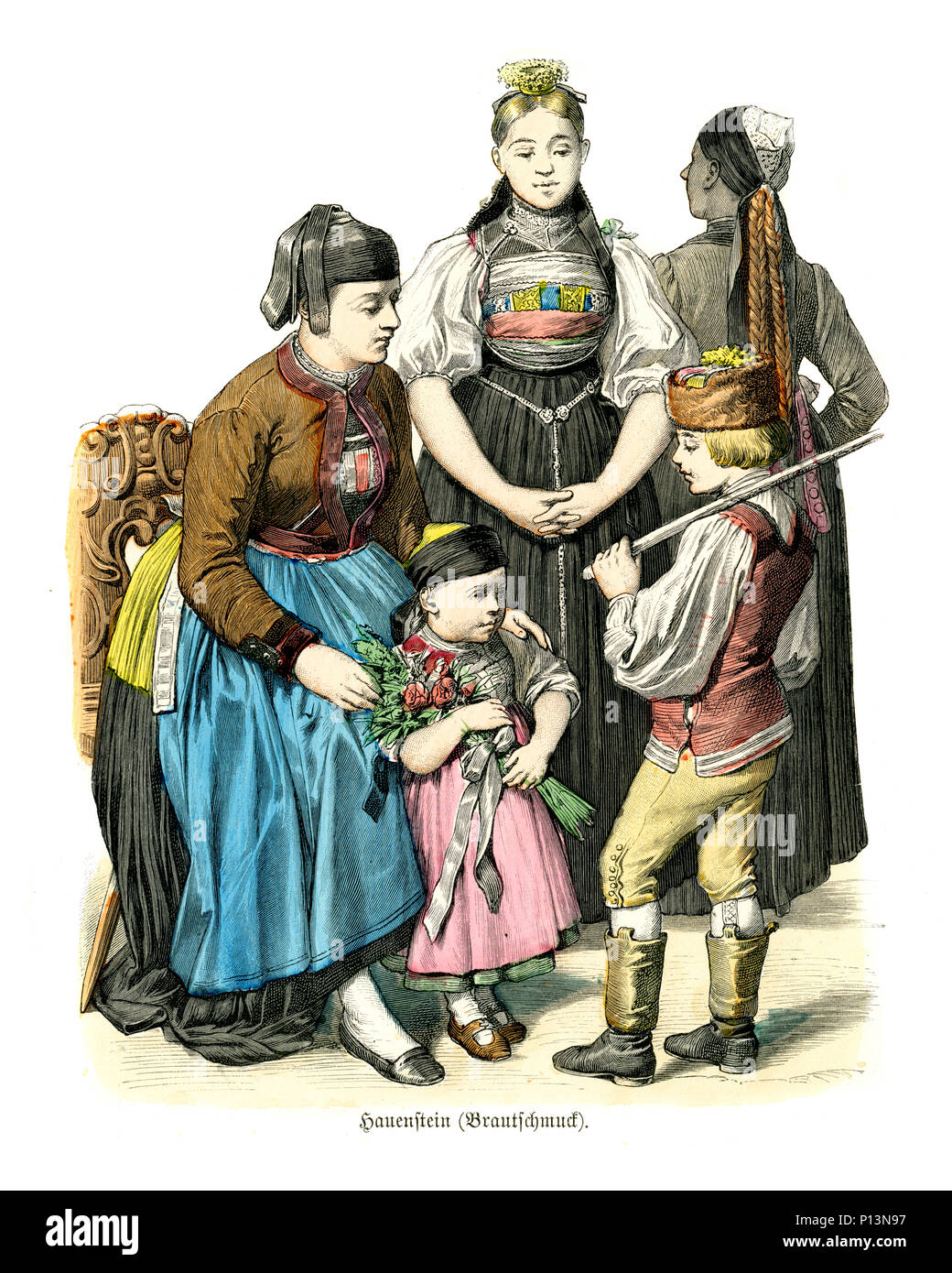 Vintage gravure d'histoire de la mode, des costumes de l'Allemagne les femmes et les enfants de Baden du xixe siècle Banque D'Images