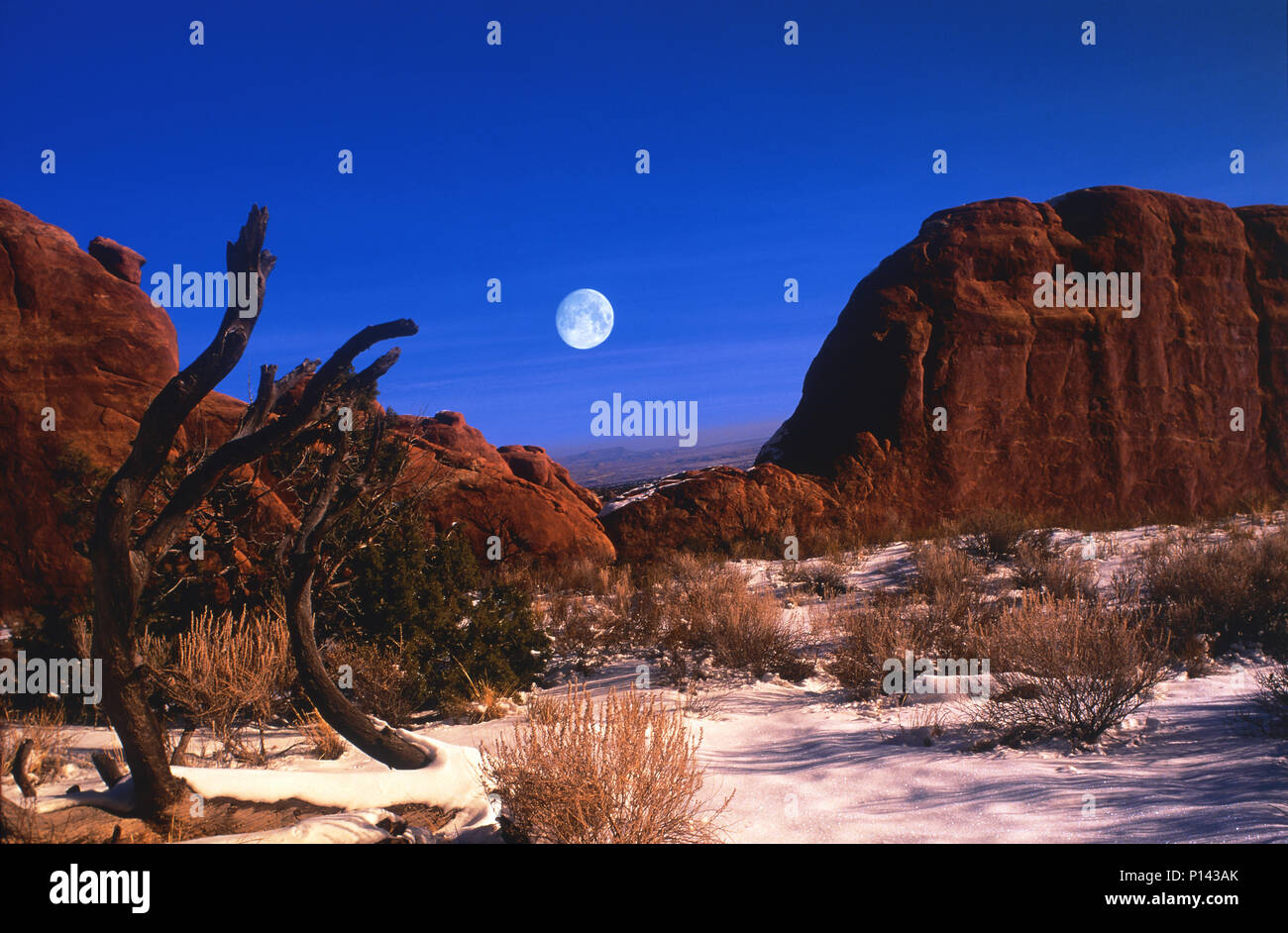 Arches National Park : vue d'horizon lointain à travers des formations rocheuses avec pleine lune sur le désert couvert de neige à la fin de la lumière, près de Moab, Utah, USA Banque D'Images
