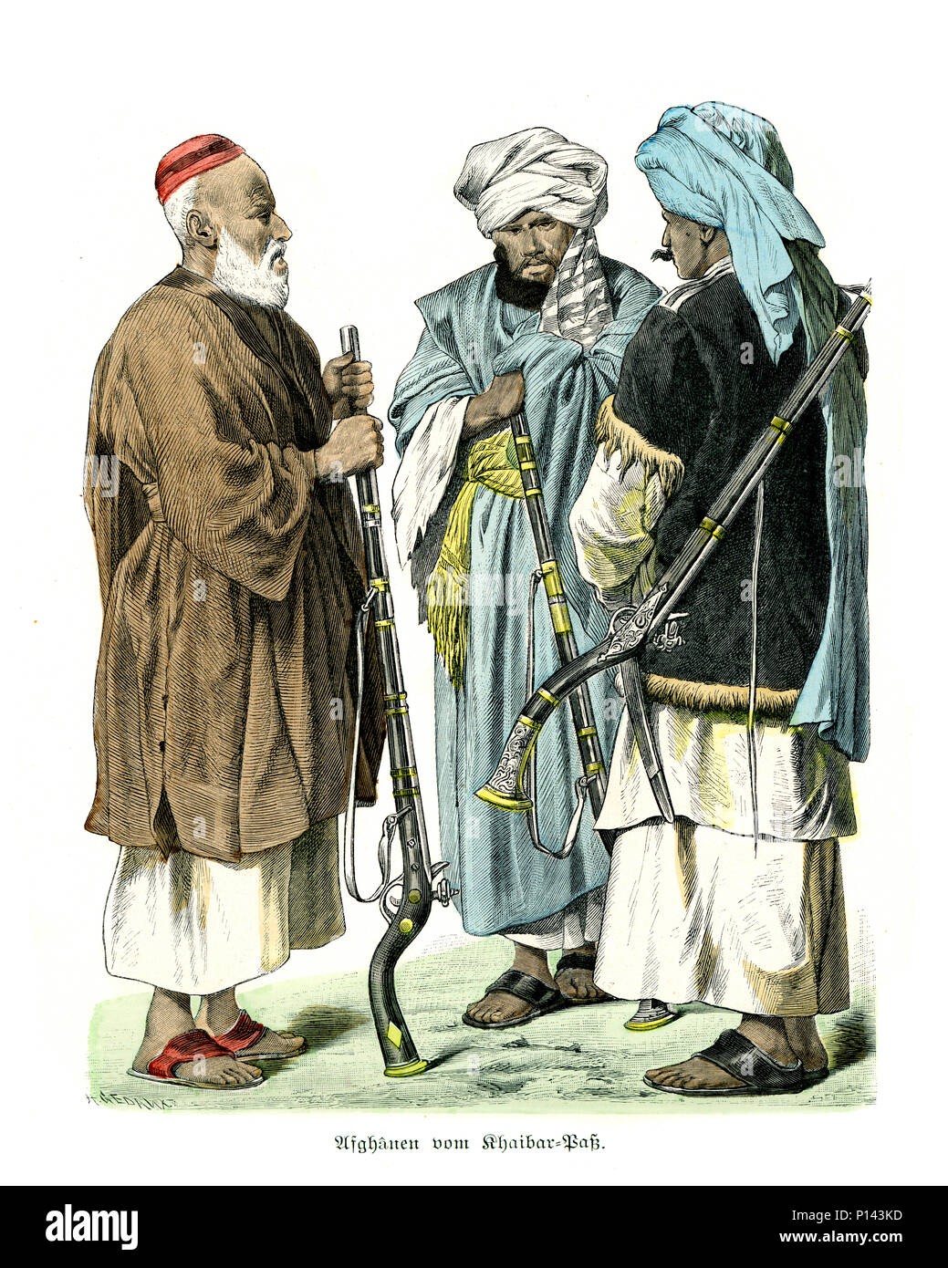 Vintage gravure d'histoire de la mode, des costumes de l'Afghanistan, 19e siècle. Les hommes avec des armes à feu de mousquet Afgan à partir de la région de Khyber Banque D'Images