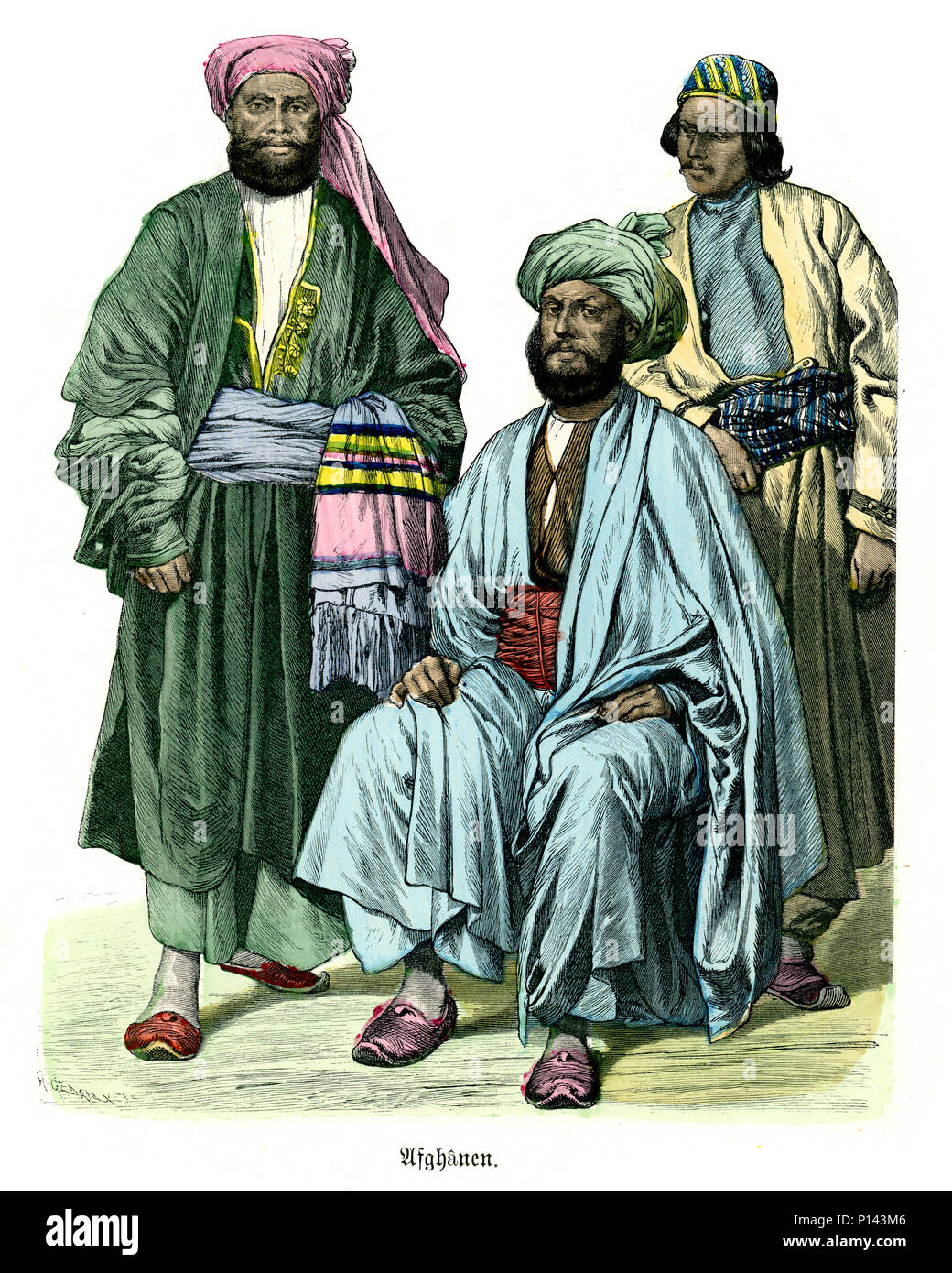 Vintage gravure d'histoire de la mode, des costumes de l'Afghanistan, Afgan hommes 19e siècle Banque D'Images