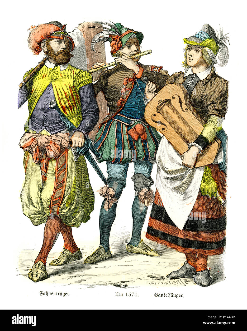 Vintage gravure d'histoire de la mode, des costumes de l'Allemagne du xvie siècle. Musiciens folk et porte-drapeau Banque D'Images
