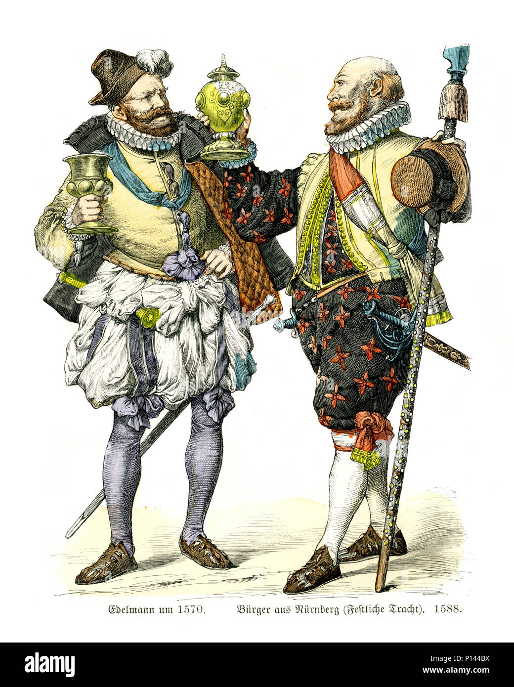 Vintage gravure d'histoire de la mode, des costumes de l'Allemagne du xvie siècle. Noble homme et citoyen de Nuremberg en 1570 à 1588 costume festival Banque D'Images