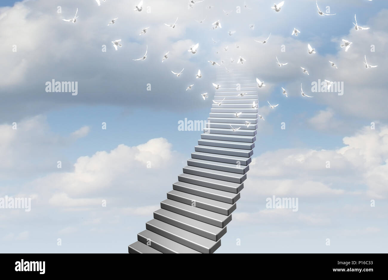 Stairway to heaven concept comme escaliers allant jusqu'à un ciel clair comme un symbole de foi et d'espérance avec 3D illustration éléments. Banque D'Images