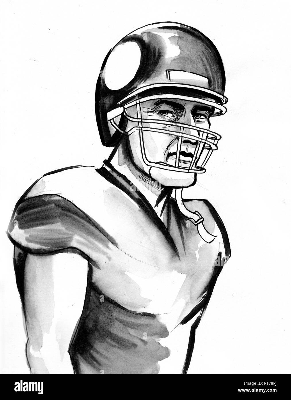 Joueur de football américain. Illustration noir et blanc Encre Banque D'Images