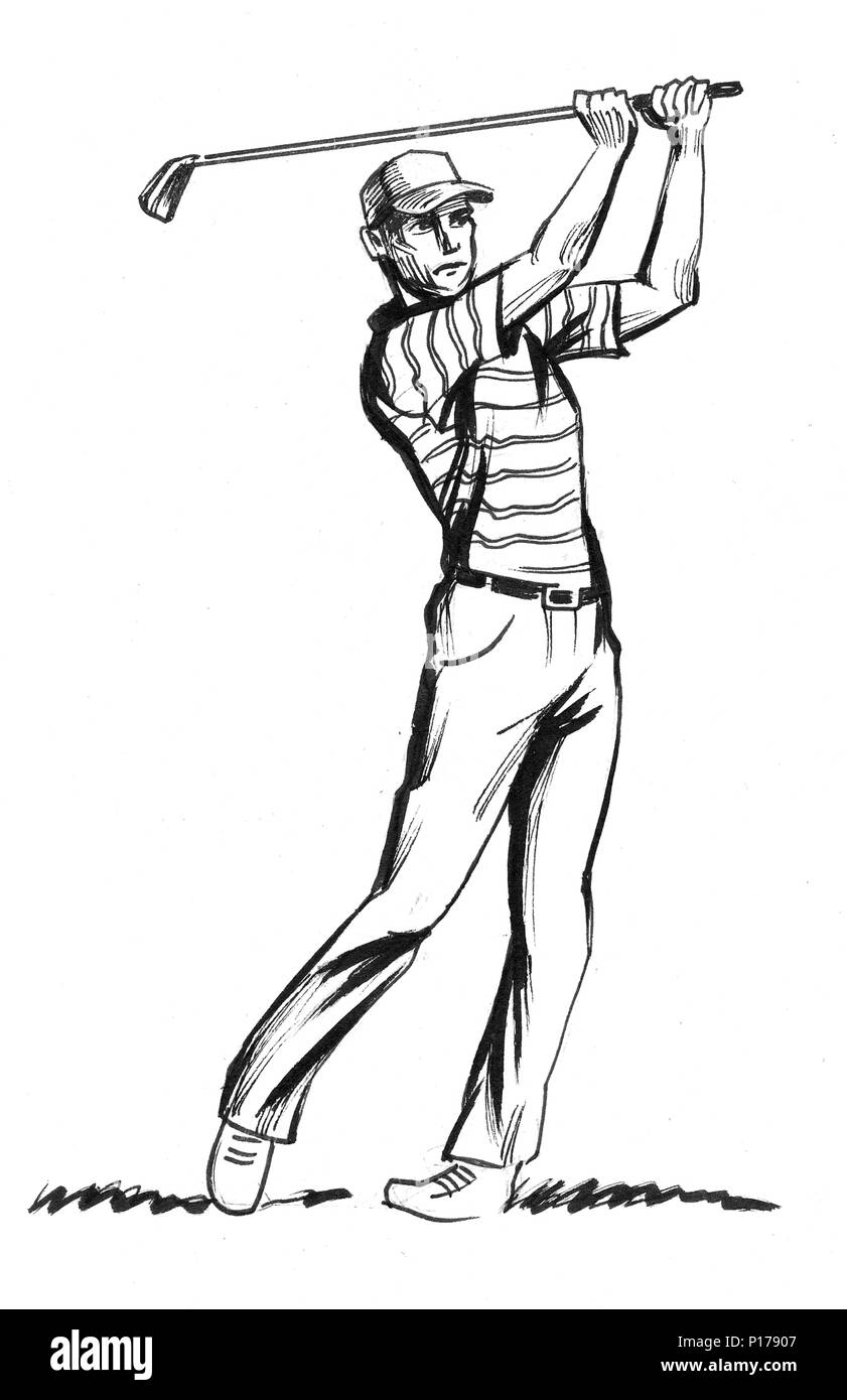 Joueur de golf. Illustration noir et blanc Encre Photo Stock Alamy