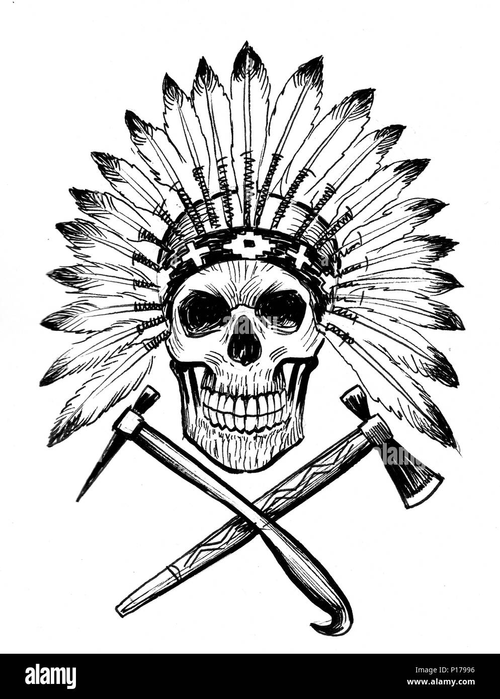 Chef Indien mort avec un tomahawk axes. Illustration noir et blanc Encre Banque D'Images