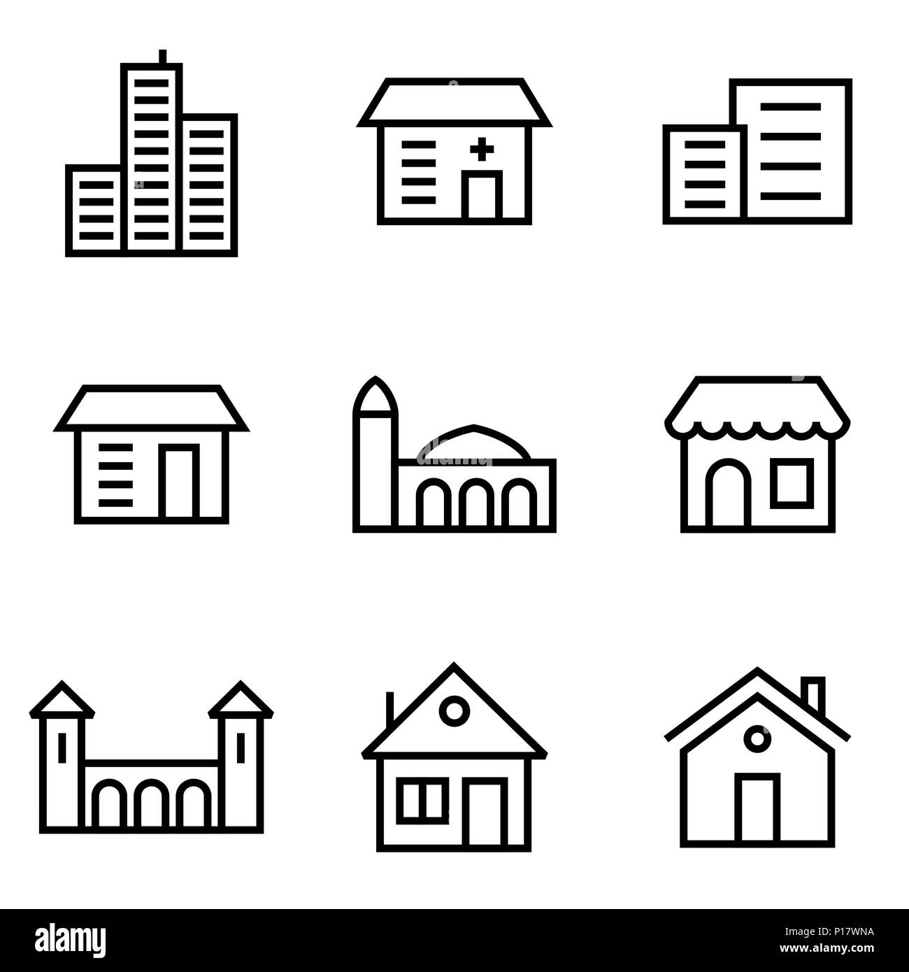 Icon Set construction bordée plat simple illustration de style. Illustration de Vecteur
